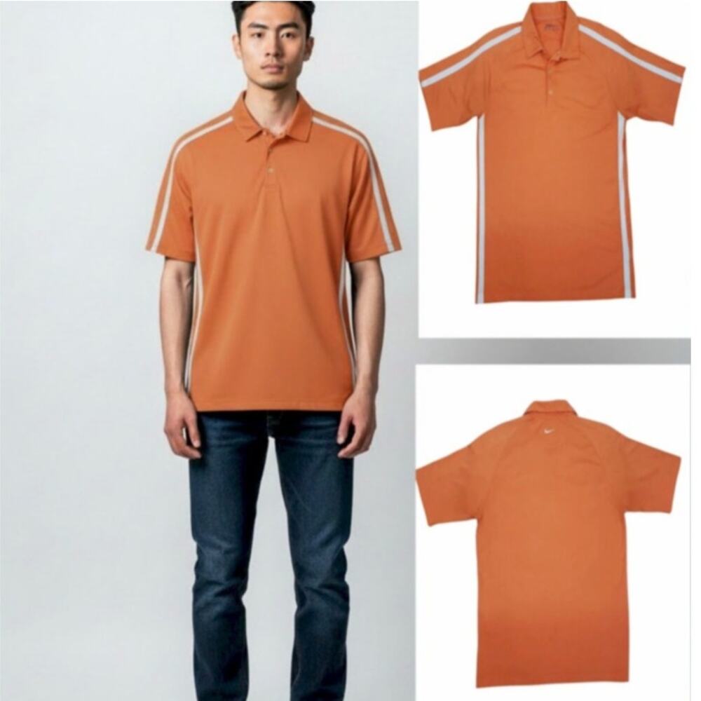 Nike Golf Polo Shirt Men M Dri-Fit Orange White Striped Swoosh Logo